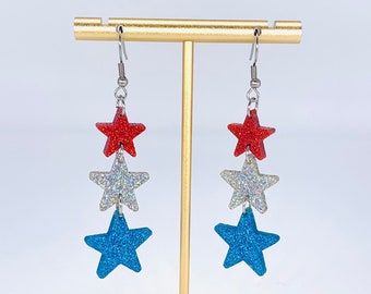 Red White Blue Star Earrings: Patriotic Glitter Acrylic Jewelry