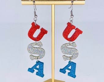 Glitter Acrylic USA Earrings: Patriotic 4th of July Jewelry