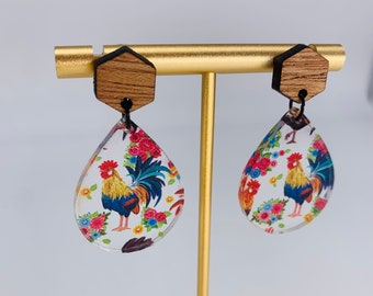 Acryl Hahn Ohrringe: Kirschholz Ohrstecker, Bauernhof Tier Schmuck