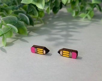 Handgemachte hölzerne Bleistift-Ohrstecker | Lehrer Geschenk