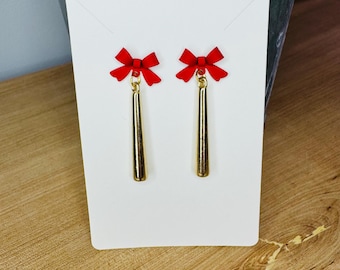 Red Bow Earrings With Rhinestones - Christmas Dangling Jewelry For Women