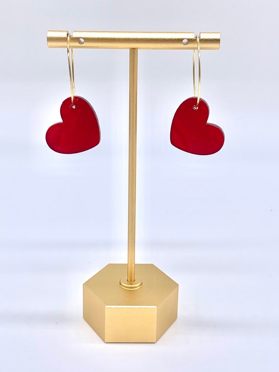 Red Marble Acrylic Heart Earrings | Gold Hoop Earrings