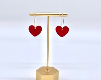 Red heart earrings | red acrylic earrings | Valentine’s Day earrings | anniversary gift | hoop earrings | gold and red earrings