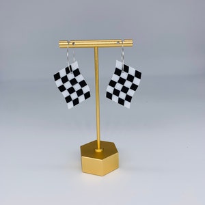 Checkered Flag Earrings: 3D Black & White Acrylic Racing Jewelry