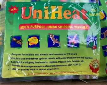 May include: Green and yellow UniHeat multi-purpose jumbo shipping warmer with a 72+ hour heat release. The warmer is designed for shipping live insects, reptiles, tropical fish, flowers, and other items. It provides an average warmer surface temperature of 100°F (38°C).