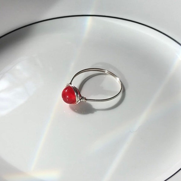 Red Jade Ring ~ Silver-Toned Wire-Wrapped Crystal Ring ~ Handmade Gemstone Ring