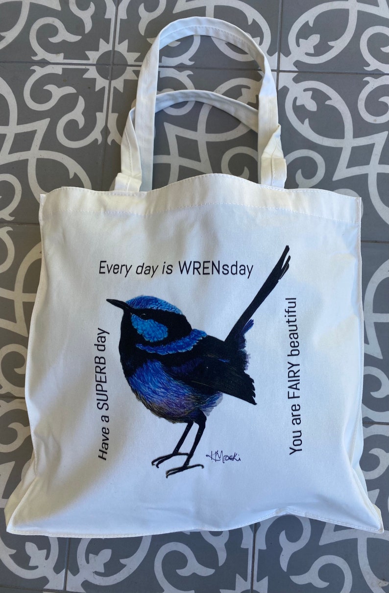 Wrensday SMALL TOTE Superb Blue Fairy Wren Wildlife Shoulder Bag Australian Birds Eco Bag 100% Cotton Melbourne image 2