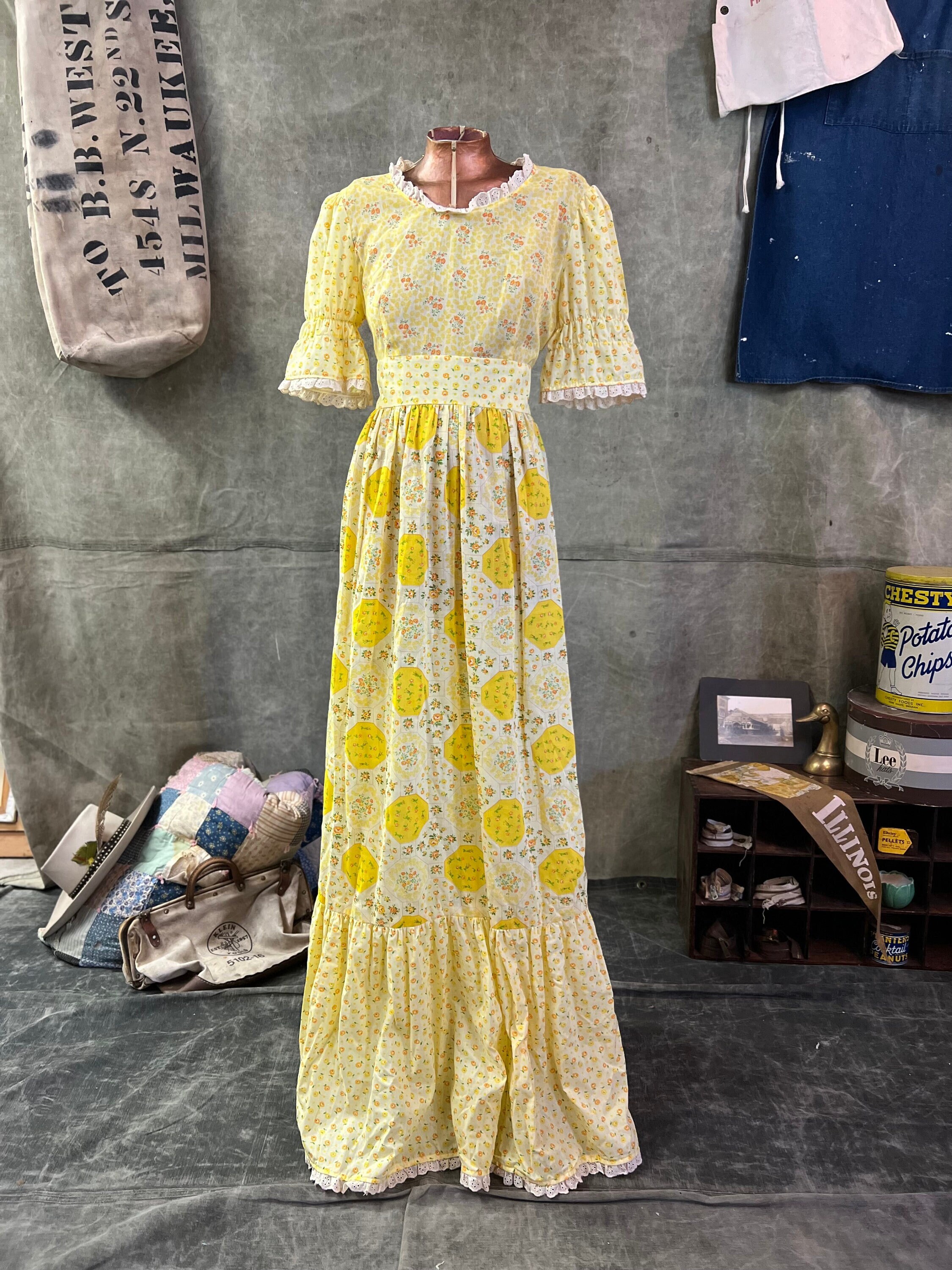 Vintage 70s Prairie Hippie Maxi Dress Summer Yellow Calico - Etsy