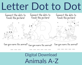 Téléchargement numérique Alphabet Dot to Dot Cute Animals Coloring and Learning Pages A-Z
