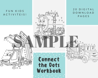 Véhicule de construction en téléchargement numérique Connect the Dots Activity Book - 20 pages incluses, pages à colorier, activités d'école à la maison 8,5 "x 11"