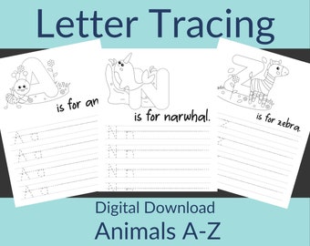 Téléchargement numérique lettre traçage A-Z avec des animaux mignons