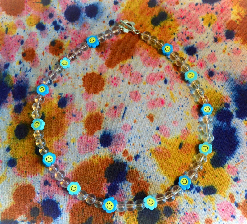 Blue smiley face daisy necklace GET HAPPY NECKLACE