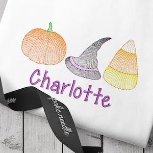 May include: A white t-shirt with an embroidered pumpkin, witch hat, and candy corn. The name "Charlotte" is embroidered in purple below the Halloween themed items.