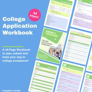 Puede incluir: Un libro de trabajo verde y azul titulado "Keeping It Together: College Applications Workbook" con una guía de 44 páginas para ayudar a planificar, enviar y hacer un seguimiento de las solicitudes de ingreso a la universidad. El libro de trabajo incluye secciones sobre ayuda financiera, información personal y seguimiento de las solicitudes.