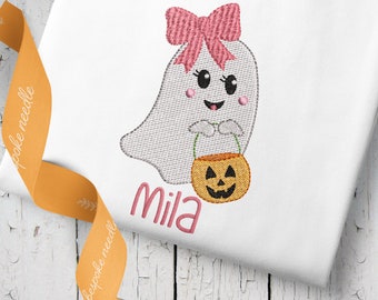 Ghost with a Bow Machine Embroidery Design | Halloween Trick or Treat Girl Ghost | 4x4 Hoop Size