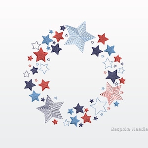 4 de julho | Desenho de bordado patriótico com coroa de estrelas | Padrão de bordado à máquina com coroa vermelha, branca e azul | Dia da Independência