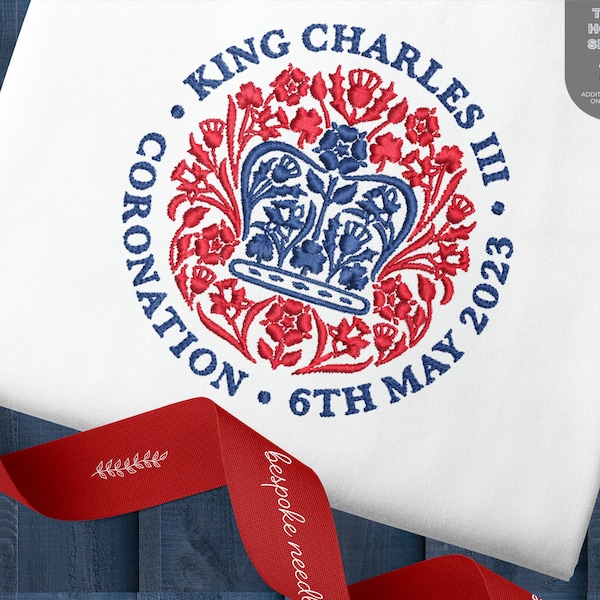 Diseño de bordado de coronación / Diseño de bordado de máquina de emblema de coronación del rey Carlos III / Patrón rojo y azul / Tamaños de aro 4x4 y 5x7