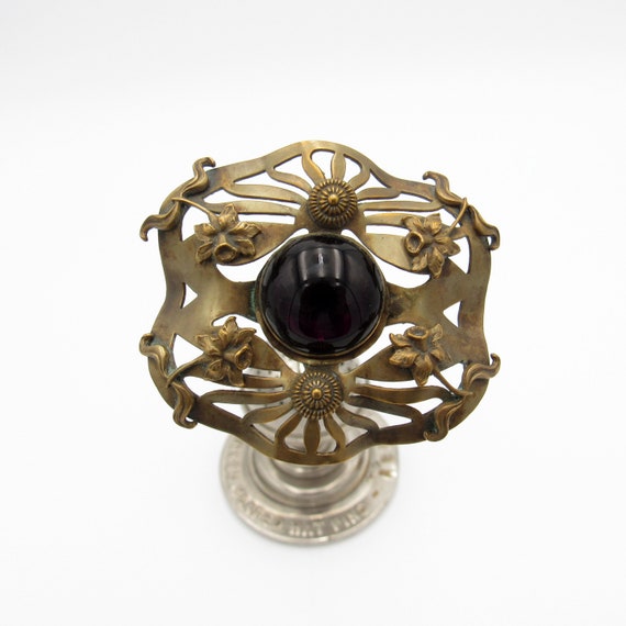 Antique Hatpin HUGE, Brass w/ Daffodils, Purple C… - image 3