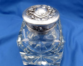 Antique Crystal Cube Inkwell – Faceted Geometric Design Sterling Lid
