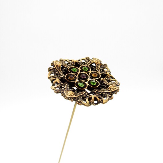 Antique Hatpin Brass with Multi Colored Stones, S… - image 2