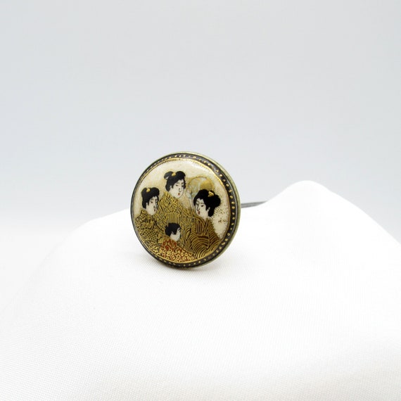 Satsuma Porcelain Sphere Geisha Women Hat Pin Gold Decoration