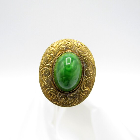 Antique Green Swirl Oval Stone with Brass Engrave… - image 1