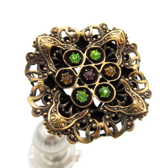 Antique Hatpin Brass with Multi Colored Stones, S… - image 1