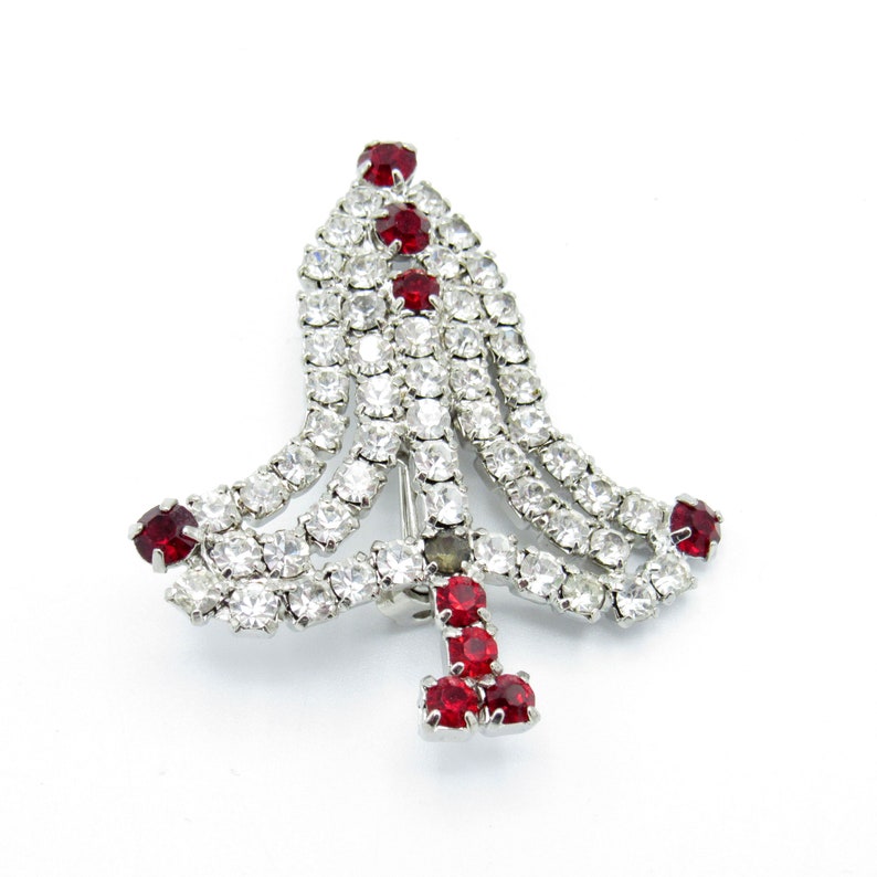Vintage Christmas Clear and Red Rhinestone Tree Pin Brooch