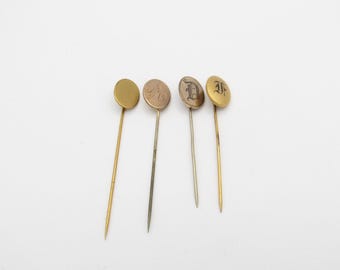 Antique Set of 4 Escutcheon with Initials,  Stickpins, Stick Pins