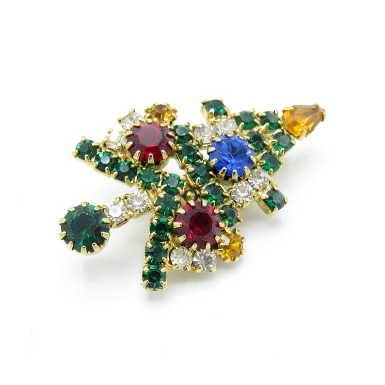 Vintage Christmas Multi Colored Rhinestones Tree Brooch Pin