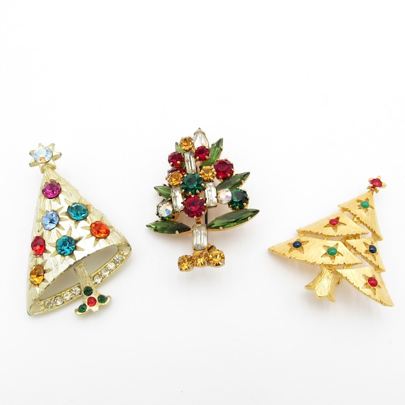 Vintage Group of 3 Christmas Tree Pins, Brooches,… - image 1