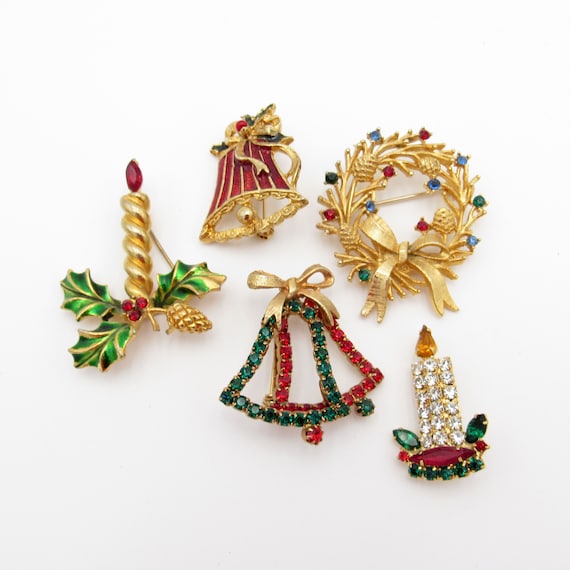 Vintage 5 Christmas Pins, Brooch, Bells, Candlest… - image 1