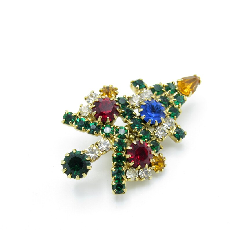 Vintage Christmas Multi Colored Rhinestones Tree Brooch Pin