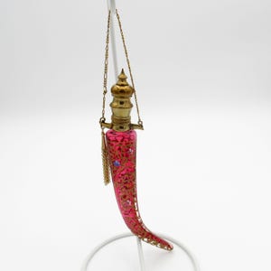 Antique Cranberry Glass Saber Shaped Moser Decorated Perfume Scent Bottle