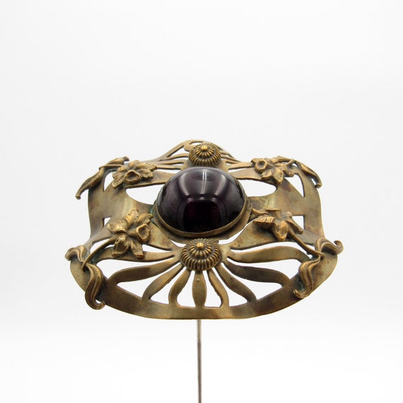 Antique Hatpin HUGE, Brass w/ Daffodils, Purple C… - image 5