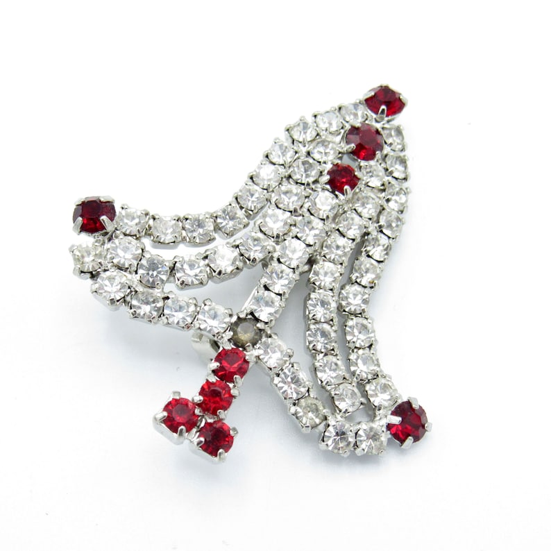 Vintage Christmas Clear and Red Rhinestone Tree Pin Brooch