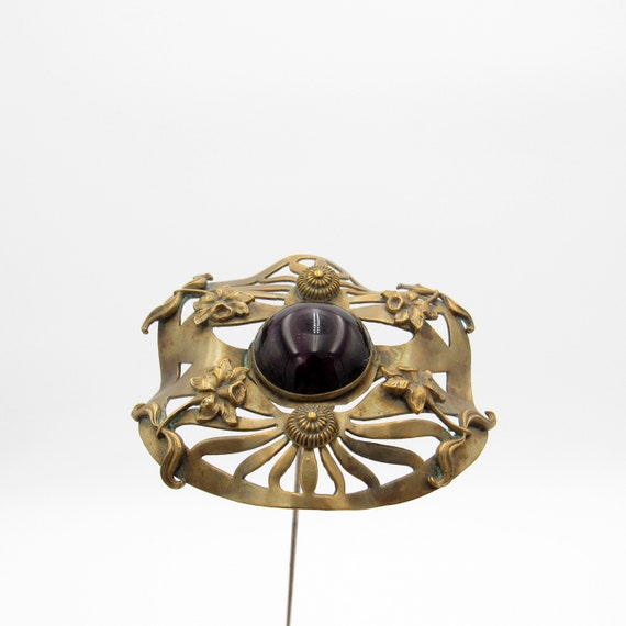 Antique Hatpin HUGE, Brass w/ Daffodils, Purple C… - image 1