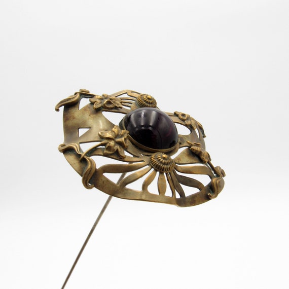 Antique Hatpin HUGE, Brass w/ Daffodils, Purple C… - image 4