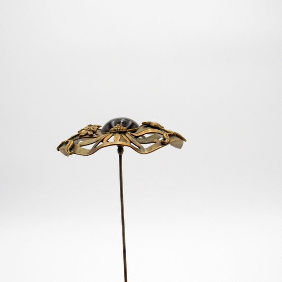 Antique Hatpin HUGE, Brass w/ Daffodils, Purple C… - image 8
