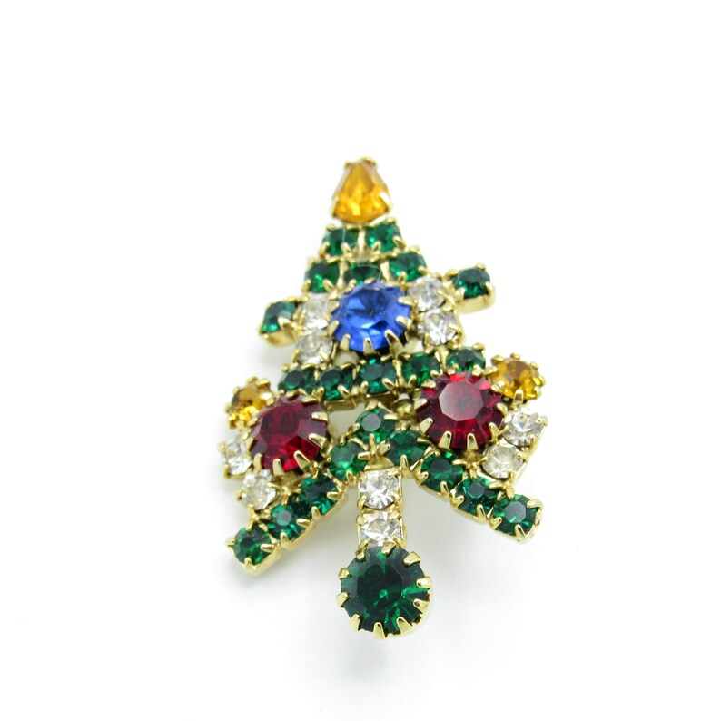Vintage Christmas Multi Colored Rhinestones Tree Brooch Pin
