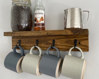 Rustic Reclaimed Wood Mug Holder with Shelf