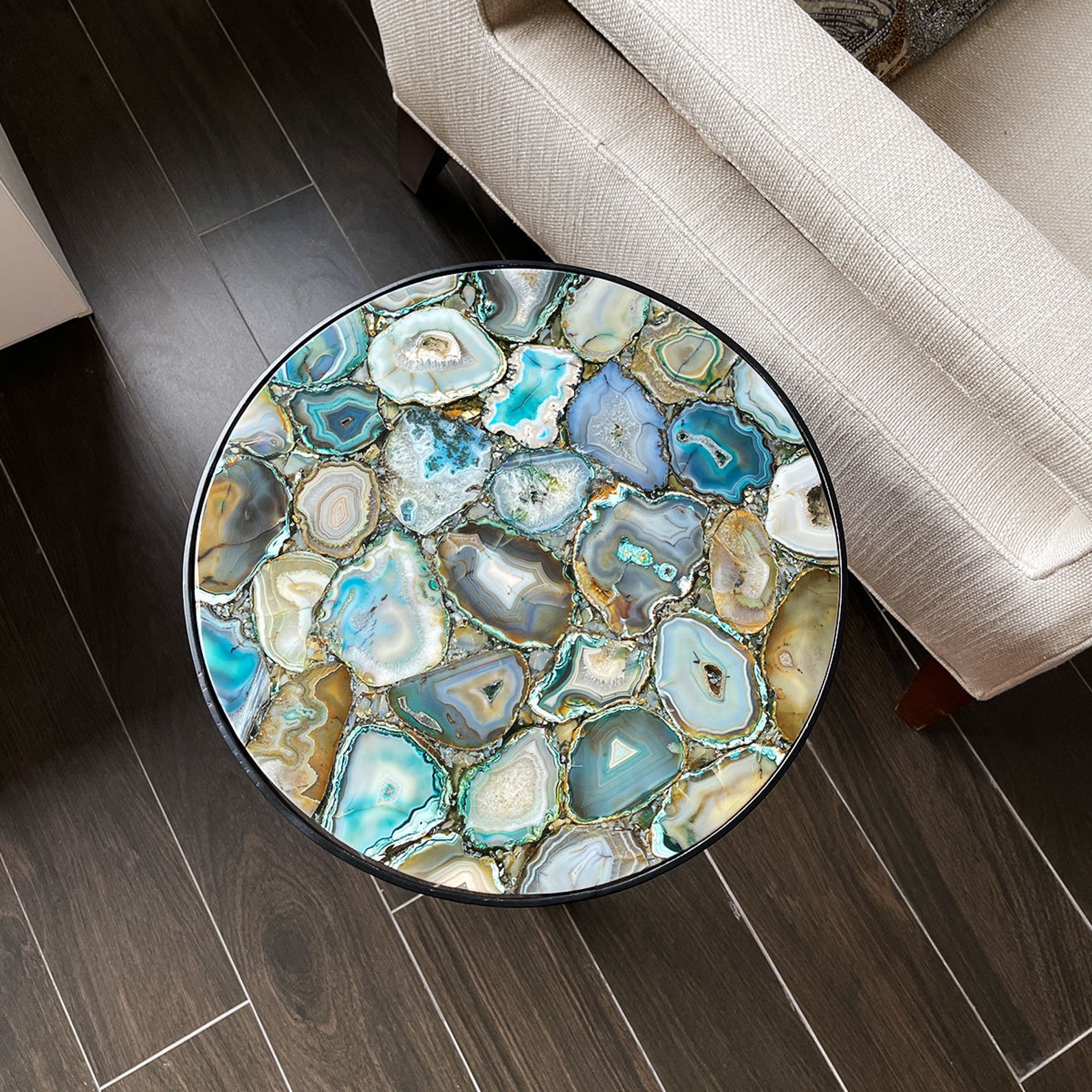 Teal and Blue Colored Agate Side Table with Metal Base Etsy