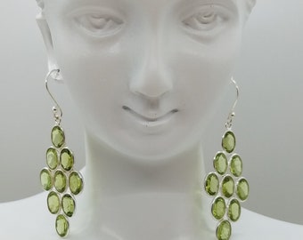 Green Peridot Dangle Earrings in 925 Sterling Silver - 9 stones in unique design - Stunning color - Handmade - Art Deco - Everyday Earrings