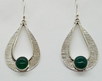 Green Onyx Dangle Earrings in 925 Sterling Silver - Shiny Green Onyx - Teardrop textured design - Delicately Handcrafted - Elegant Jewelry