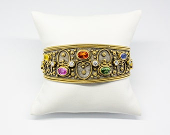 18K Gold Diamond and Multi-Colored Sapphire Stones Cuff/ Handmade