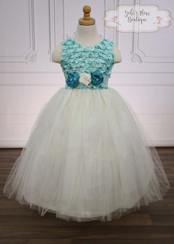 FREE SHIPPING Elegant Teal white Flower Girl Dress Flower Girl