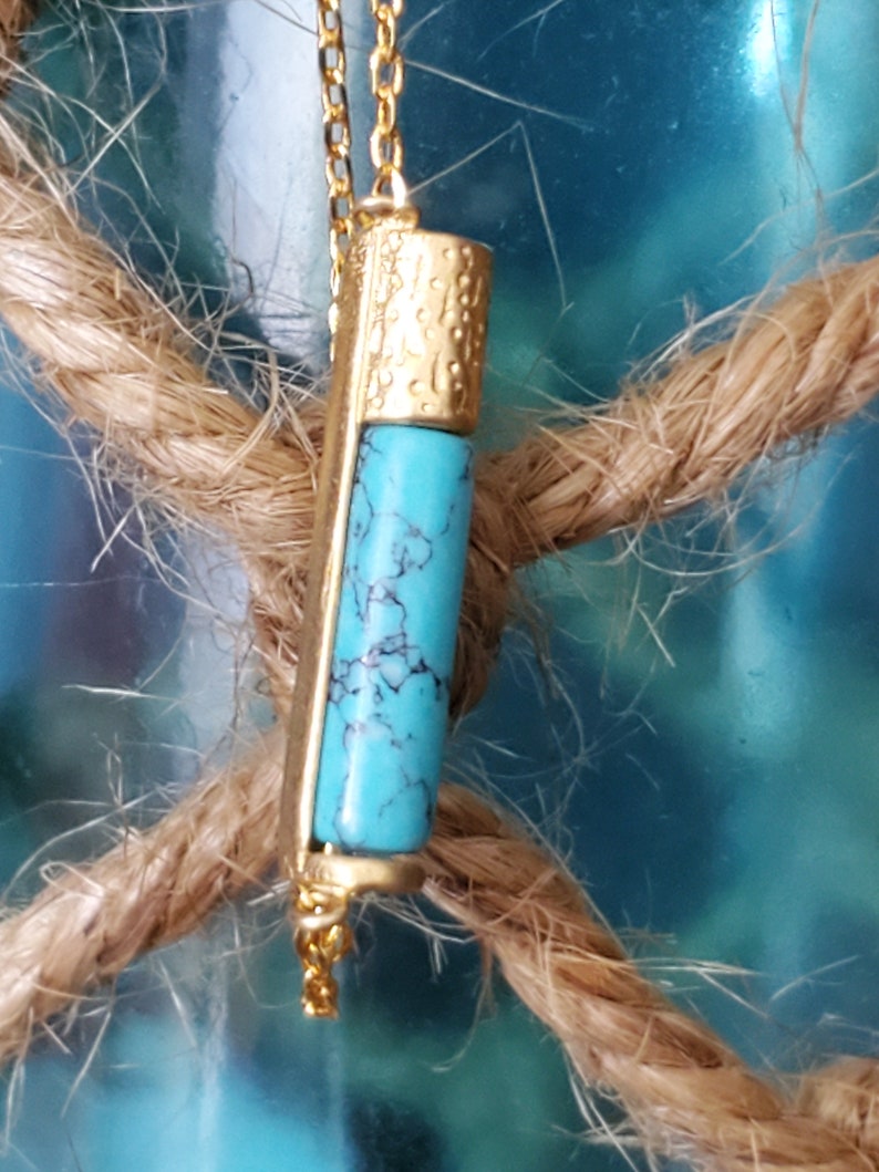 Gold Tone Chain Blue Opal Necklace Opal Bar Necklace