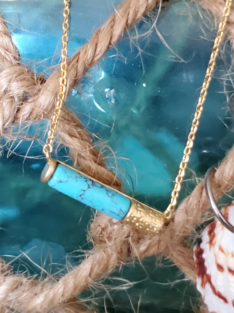 Gold Tone Chain Blue Opal Necklace Opal Bar Necklace