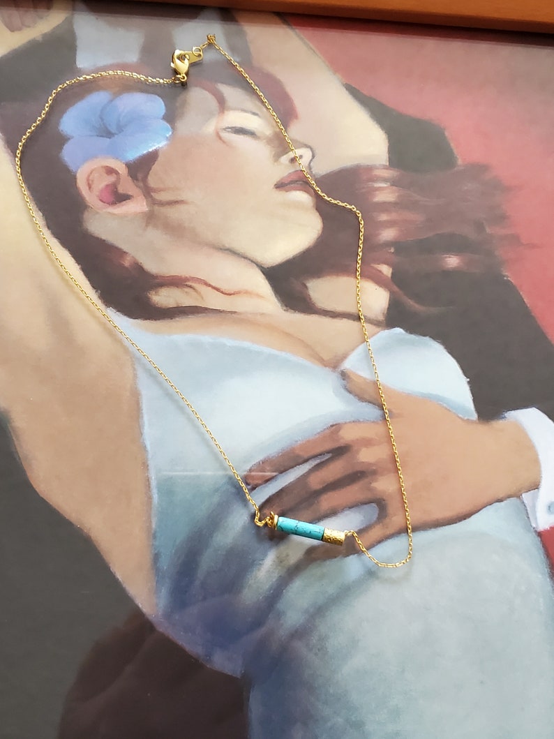 Gold Tone Chain Blue Opal Necklace Opal Bar Necklace