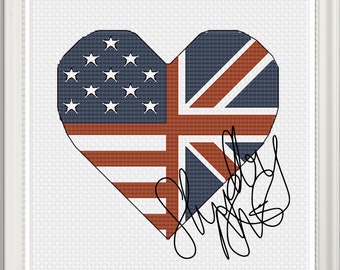 Patrón de punto de cruz Bandera de EE. UU. X Reino Unido en forma de corazón con punto de espalda